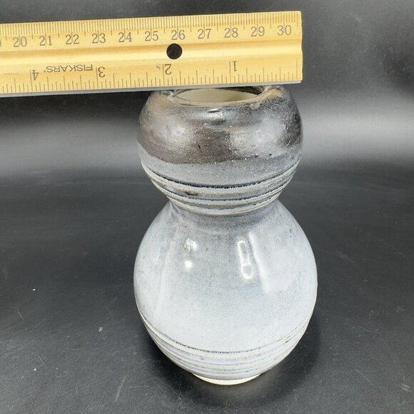 Primitive Style Art Pottery Bud Vase Round Bottom Gray Black Lines Glaze Vase - Picture 3 of 11